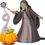 old lady witch pumpkin doing magician Logo Vector