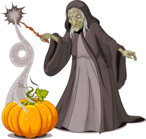 old lady witch pumpkin doing magician Logo Vector